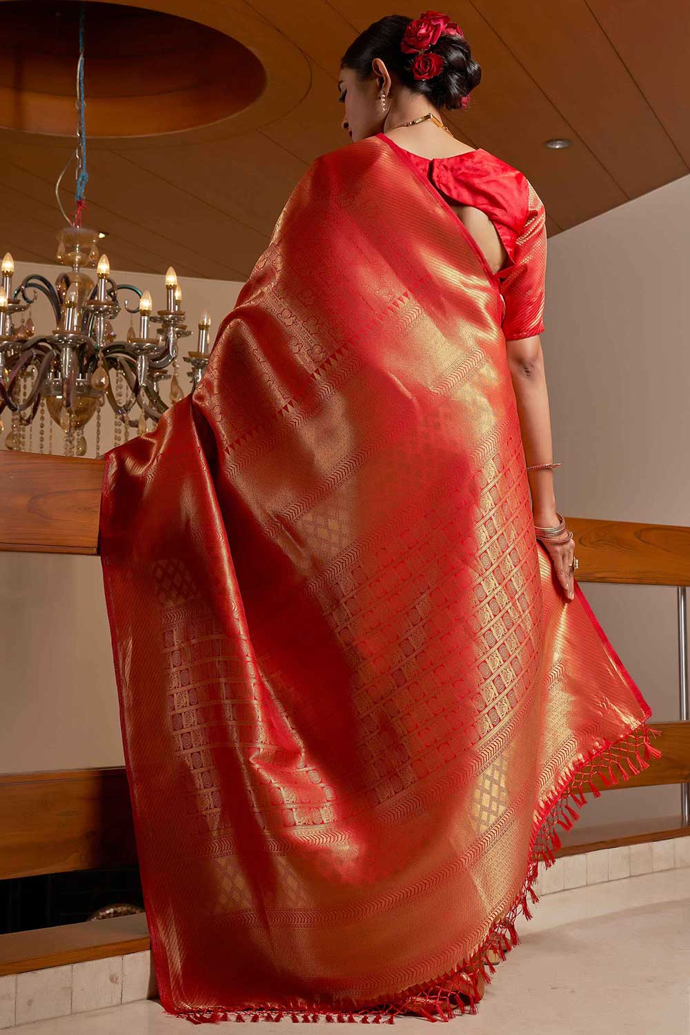 Red Kanchipuram Raw Silk Woven Saree