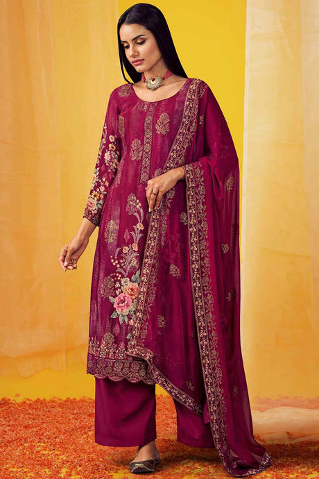 Buy Magenta Chinon Chiffon Embroidered Kurta Suit Set Online