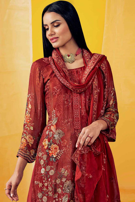 Buy Rust Chinon Chiffon Embroidered Dress Material Online - Back