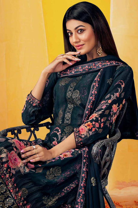 Buy Black Chinon Chiffon Embroidered Dress Material Online - Back