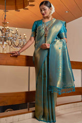 Teal Blue Kanchipuram Raw Silk Woven Saree