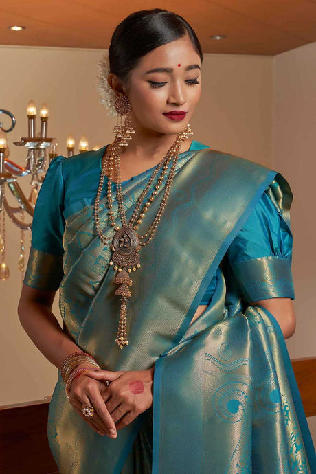 Teal Blue Kanchipuram Raw Silk Woven Saree