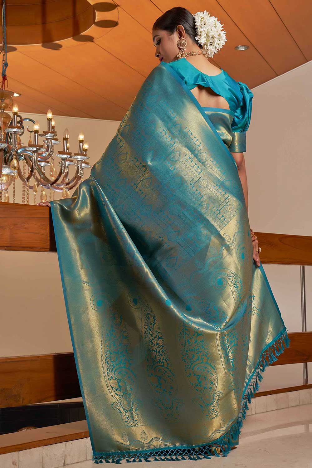 Teal Blue Kanchipuram Raw Silk Woven Saree