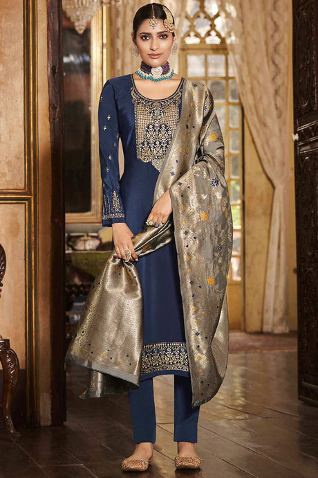 Buy Navy Blue Crepe Embroidered Kurta Suit Set Online