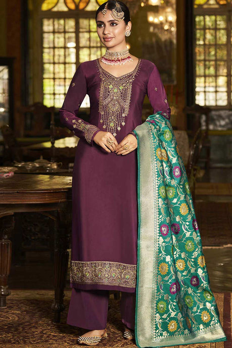 Buy Purple Crepe Embroidered Dress Material Online - Back