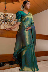 Teal Green Kanchipuram Raw Silk Woven Saree