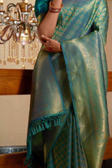 Teal Green Kanchipuram Raw Silk Woven Saree