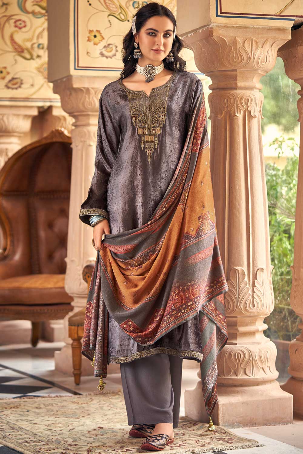 Brown Velvet Embroidered Palazzo Suit Set