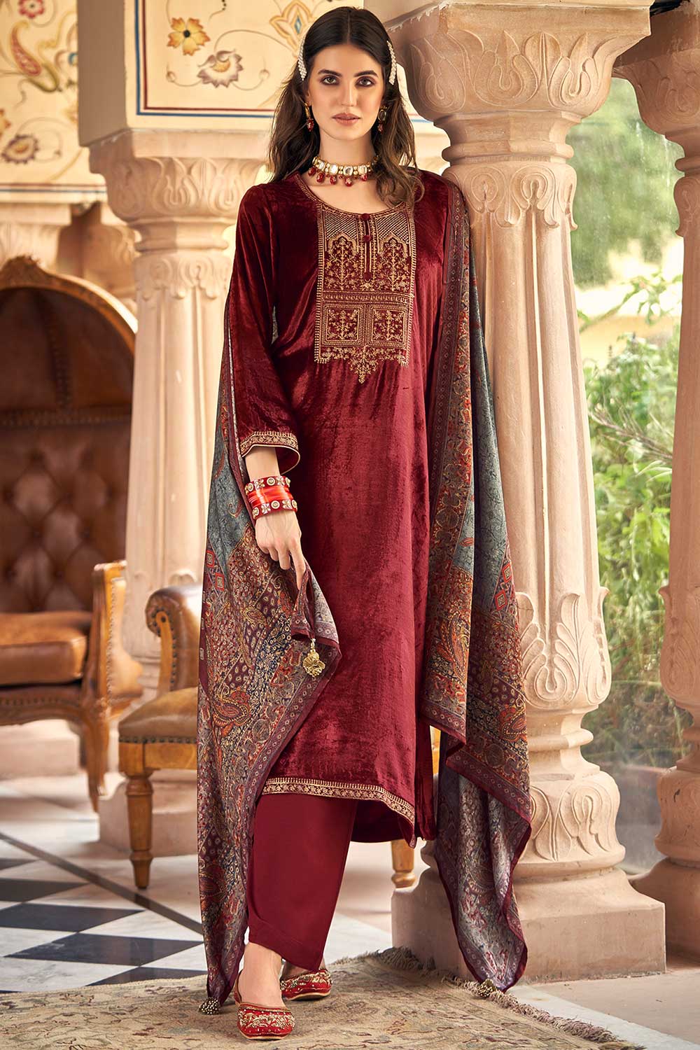 Maroon Velvet Embroidered Palazzo Suit Set