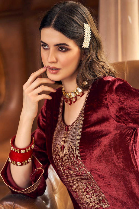 Maroon Velvet Embroidered Palazzo Suit Set