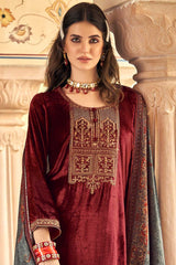 Maroon Velvet Embroidered Palazzo Suit Set