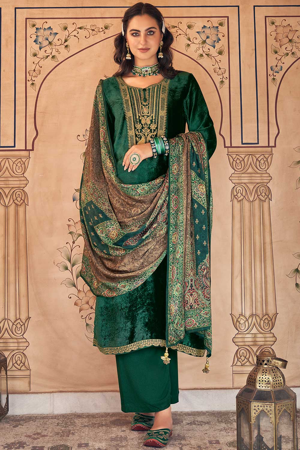 Green Velvet Embroidered Palazzo Suit Set