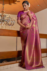 Wine Kanchipuram Raw Silk Woven Saree