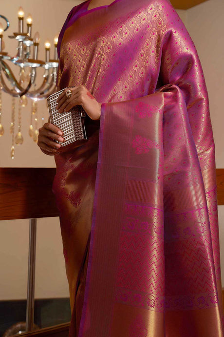 Wine Kanchipuram Raw Silk Woven Saree