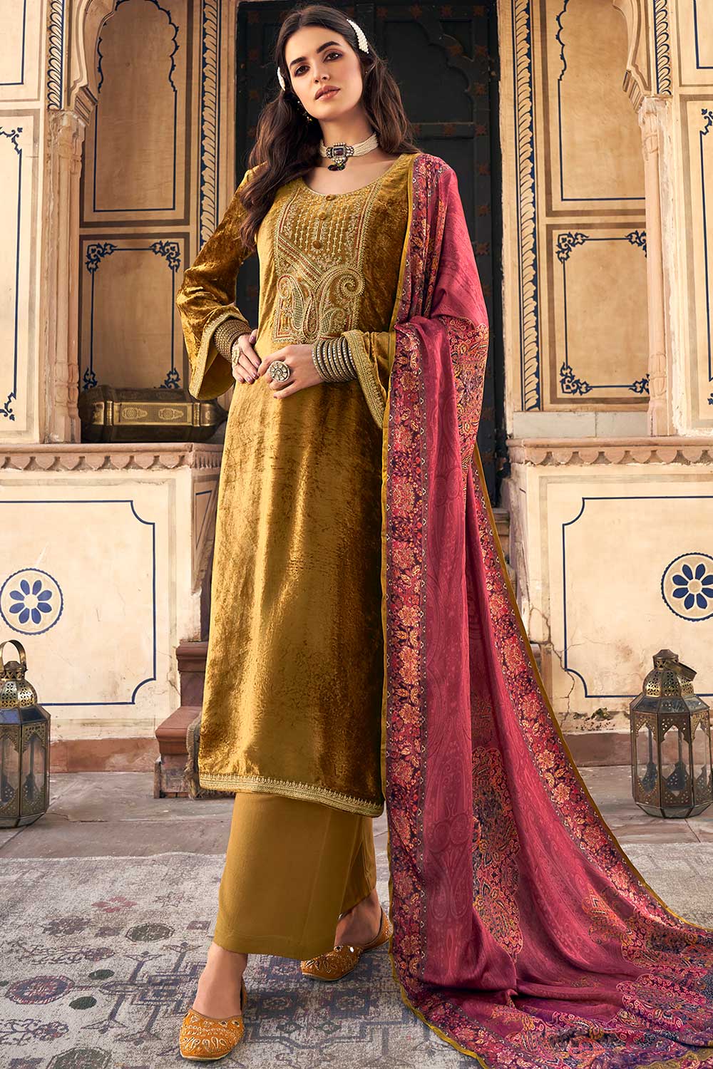 Gold Velvet Embroidered Palazzo Suit Set