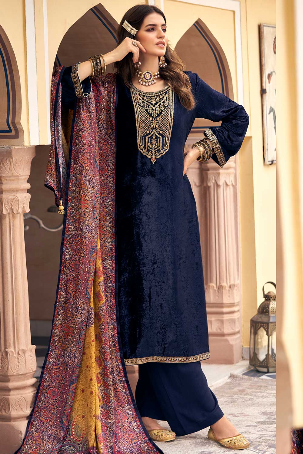 Navy Blue Velvet Embroidered Palazzo Suit Set