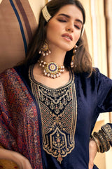 Navy Blue Velvet Embroidered Palazzo Suit Set