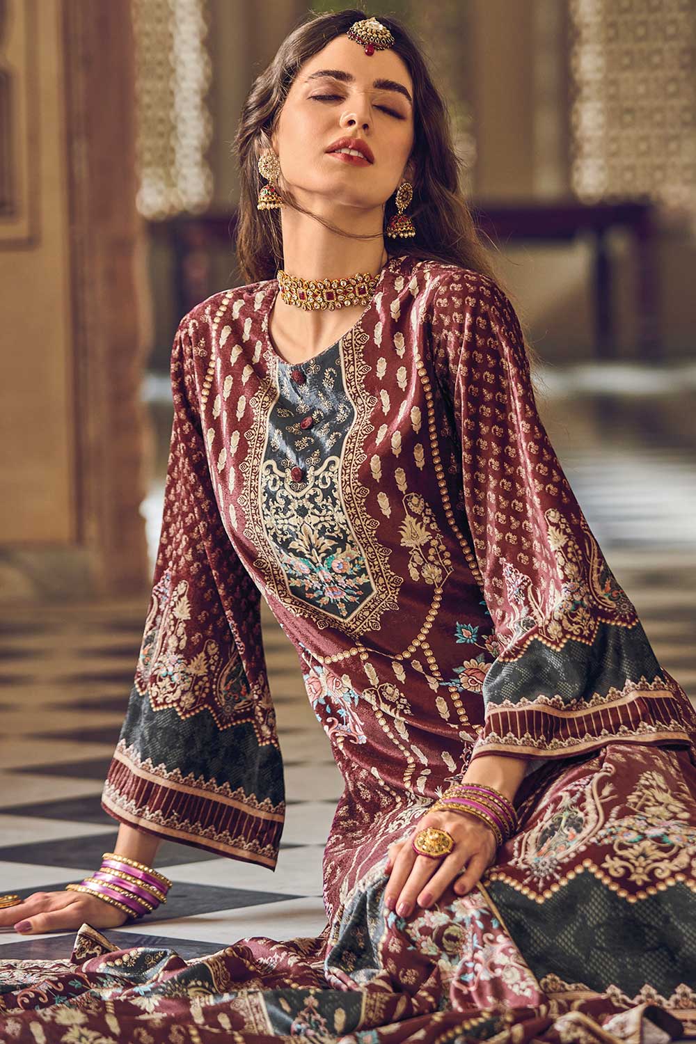 Maroon Velvet Digital Printed Palazzo Suit Set