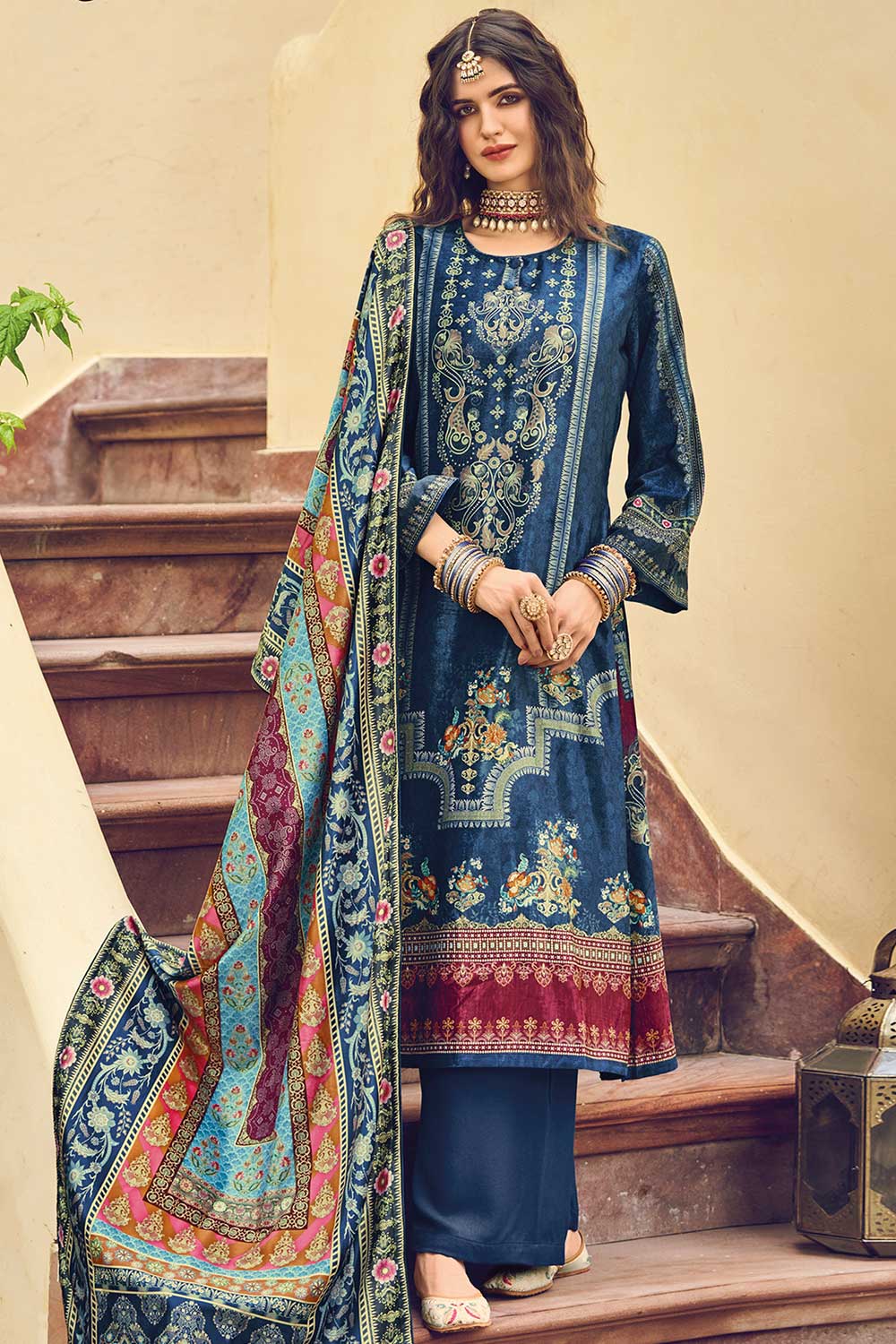 Navy Blue Velvet Digital Printed Palazzo Suit Set