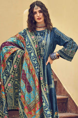 Navy Blue Velvet Digital Printed Palazzo Suit Set