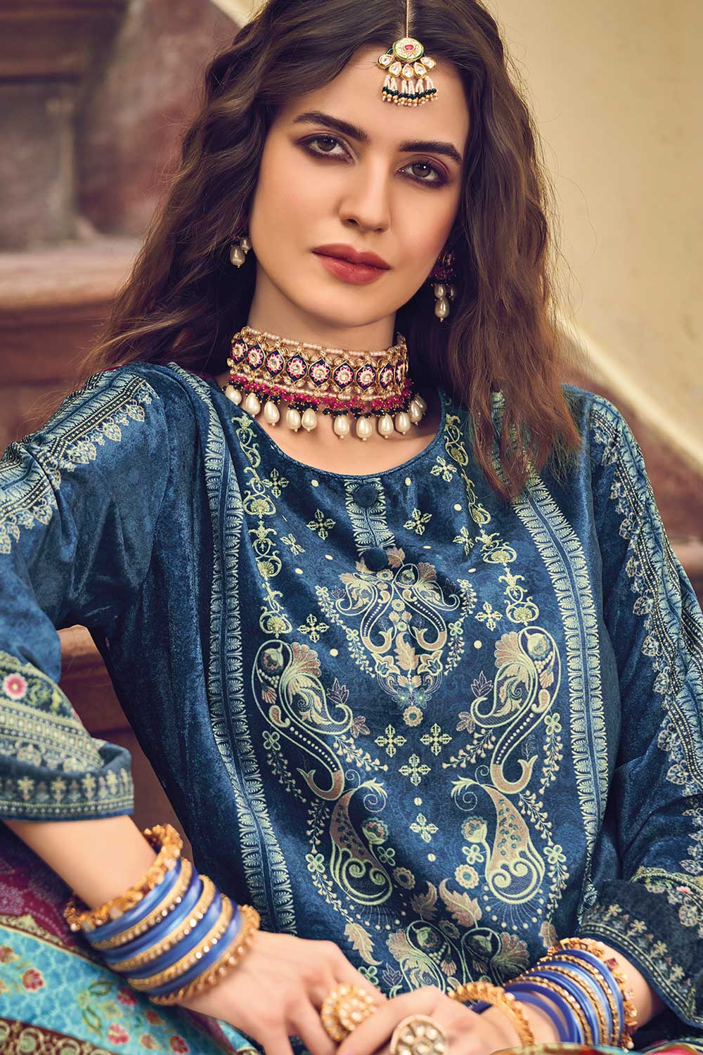 Navy Blue Velvet Digital Printed Palazzo Suit Set