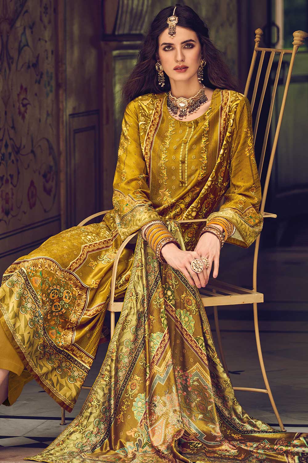 Mustard Velvet Digital Printed Palazzo Suit Set