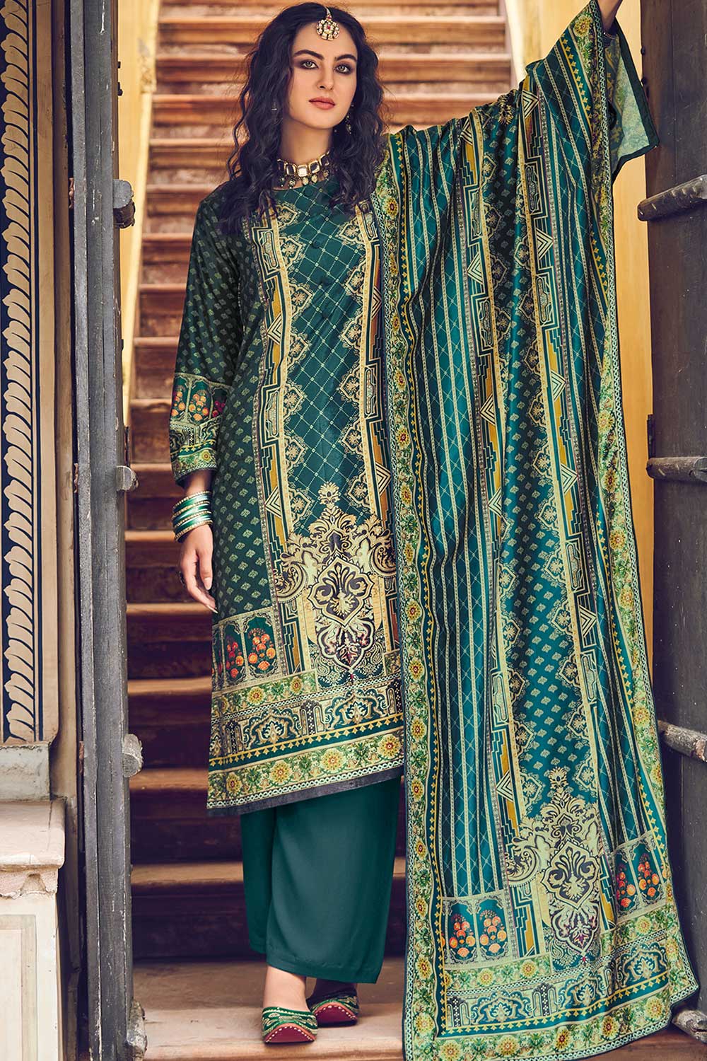 Green Velvet Digital Printed Palazzo Suit Set