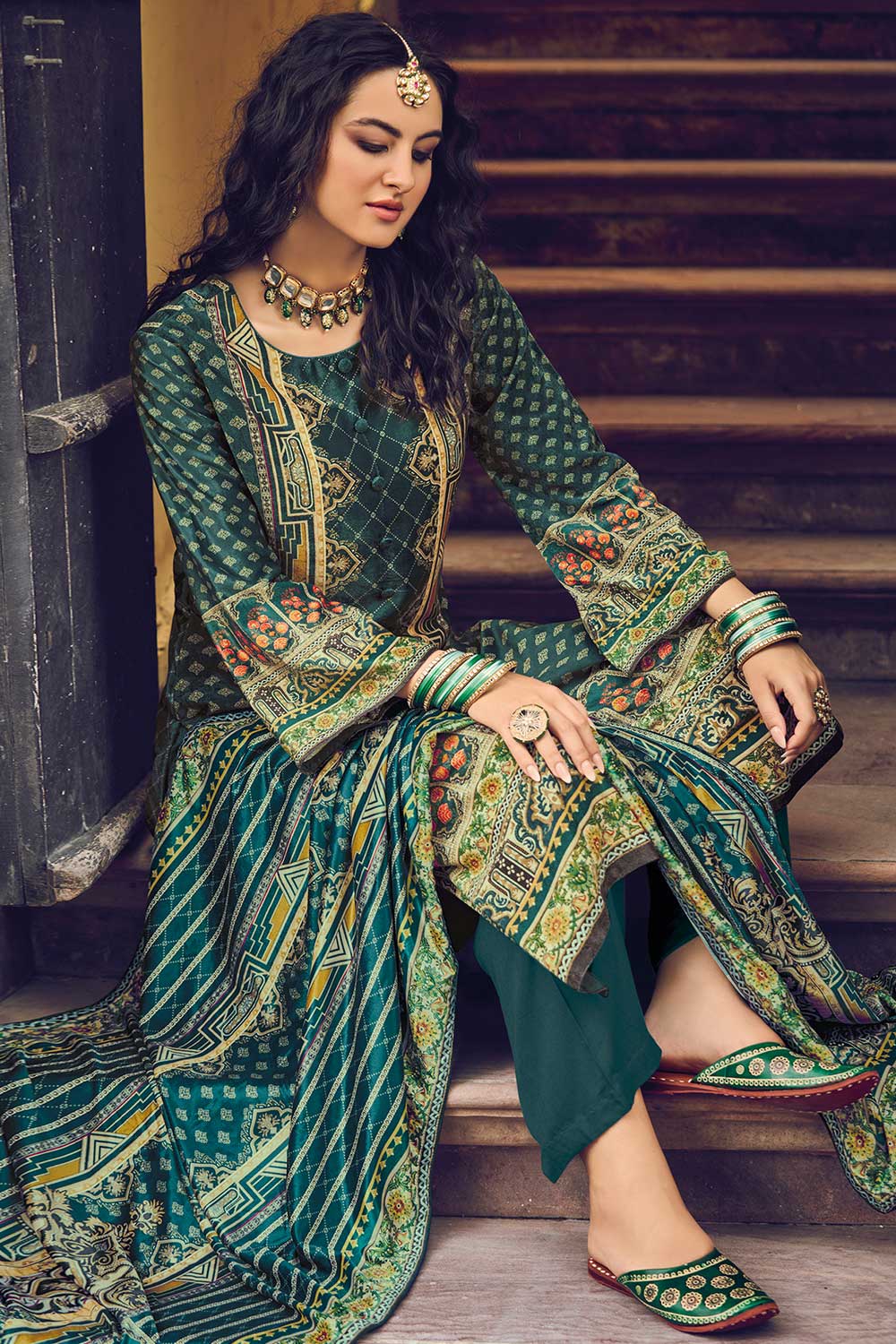 Green Velvet Digital Printed Palazzo Suit Set