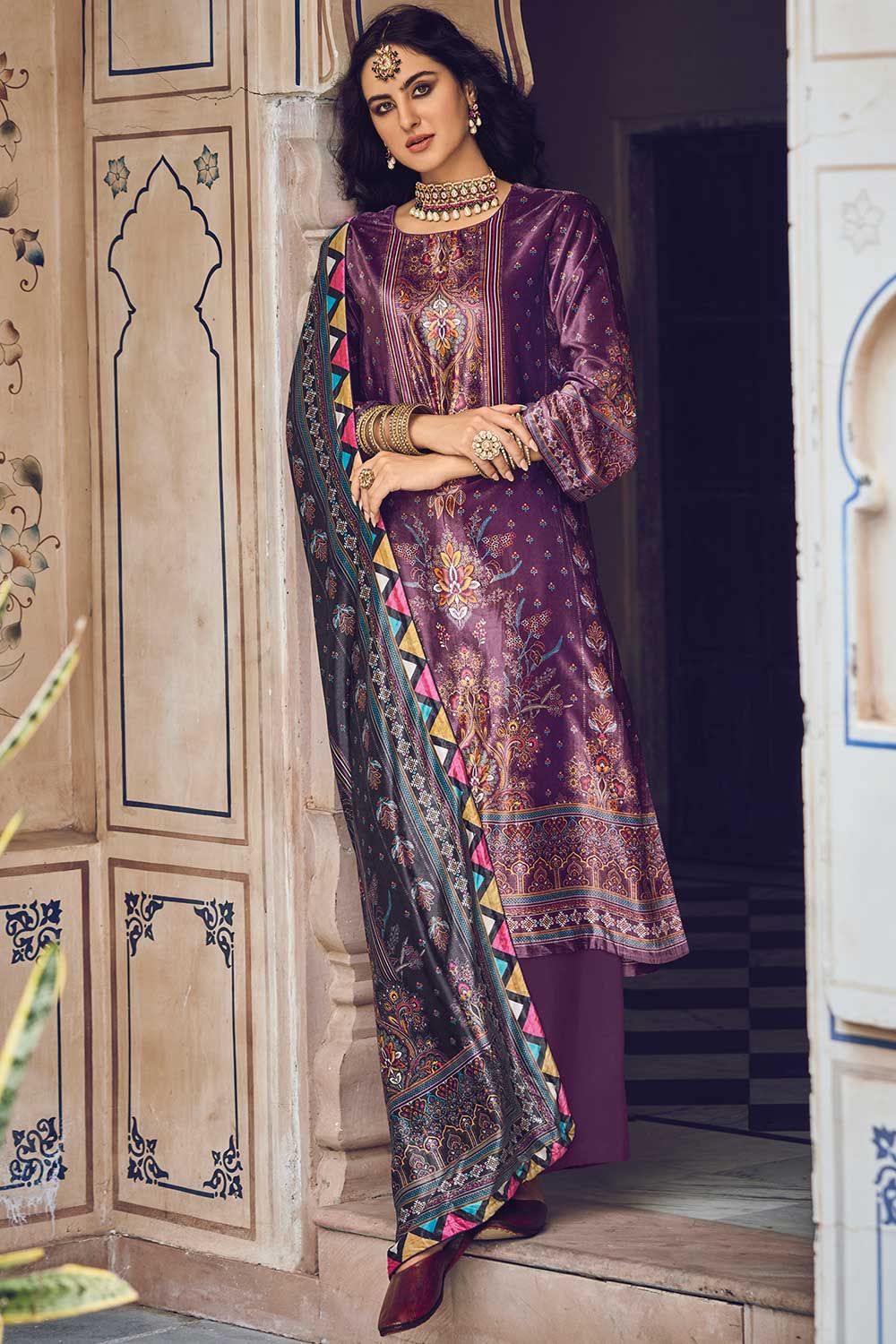 Purple Velvet Digital Printed Palazzo Suit Set