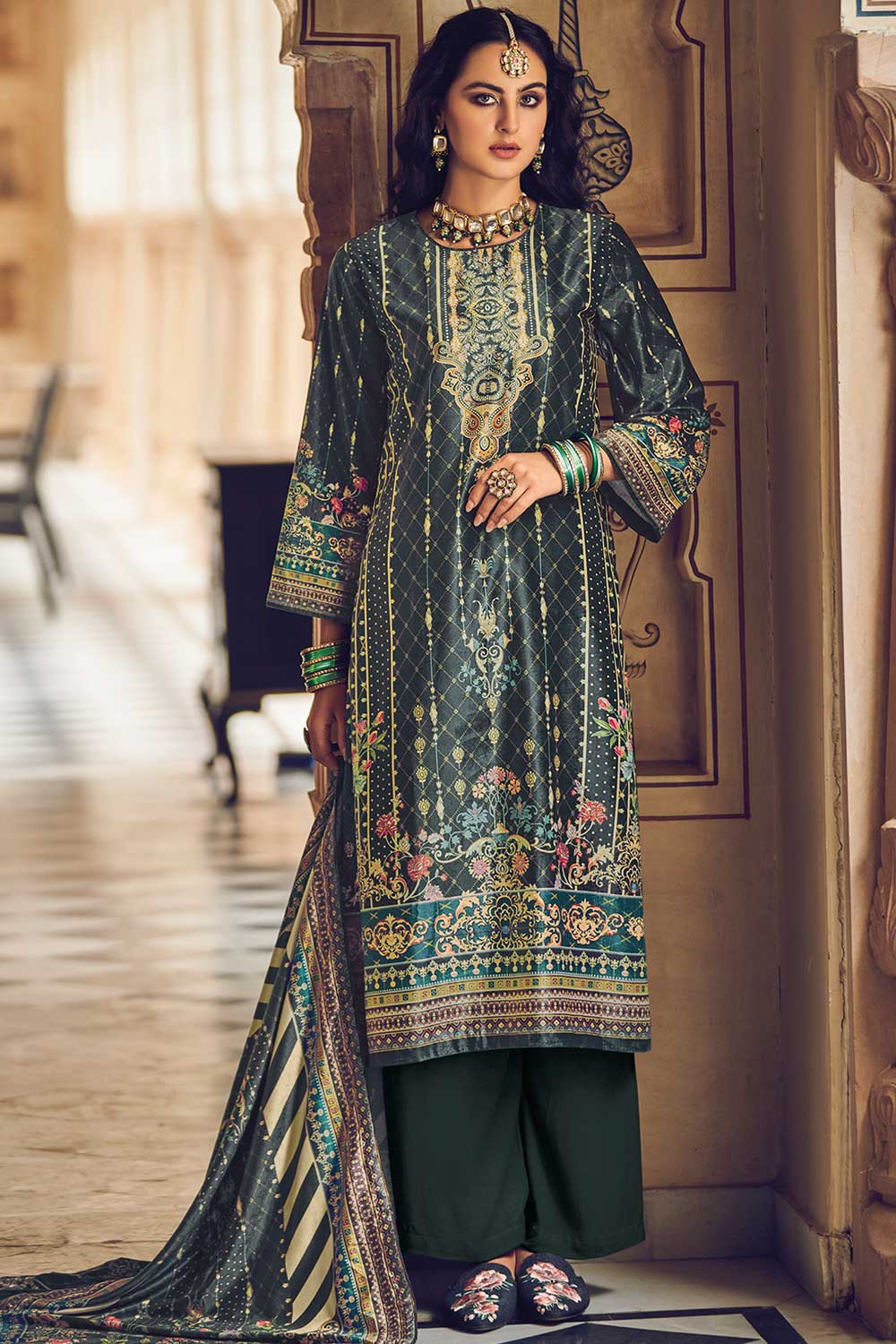 Green Velvet Digital Printed Palazzo Suit Set