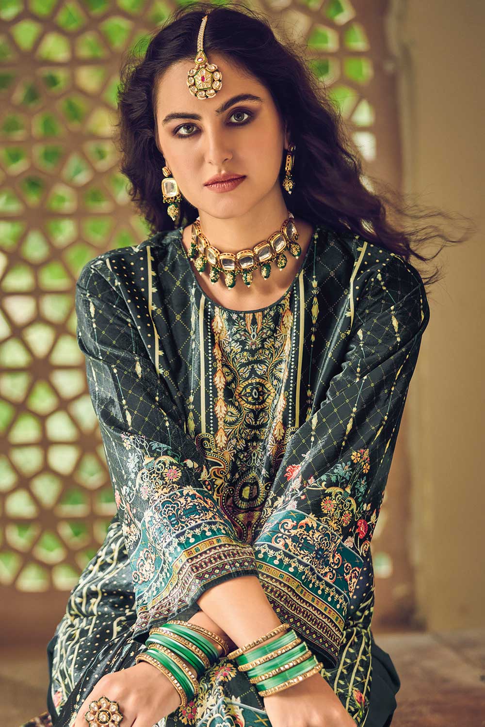 Green Velvet Digital Printed Palazzo Suit Set