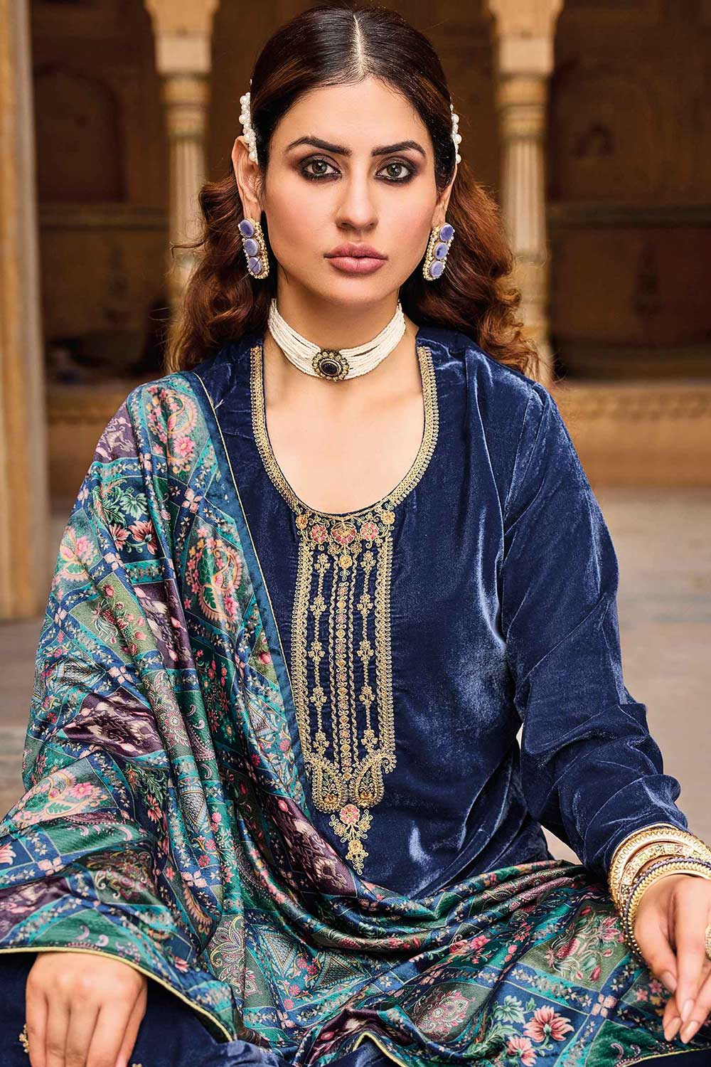 Navy Blue Velvet Embroidered Palazzo Suit Set