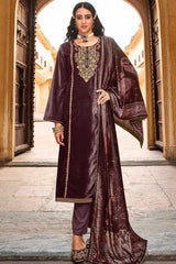 Maroon Velvet Embroidered Palazzo Suit Set