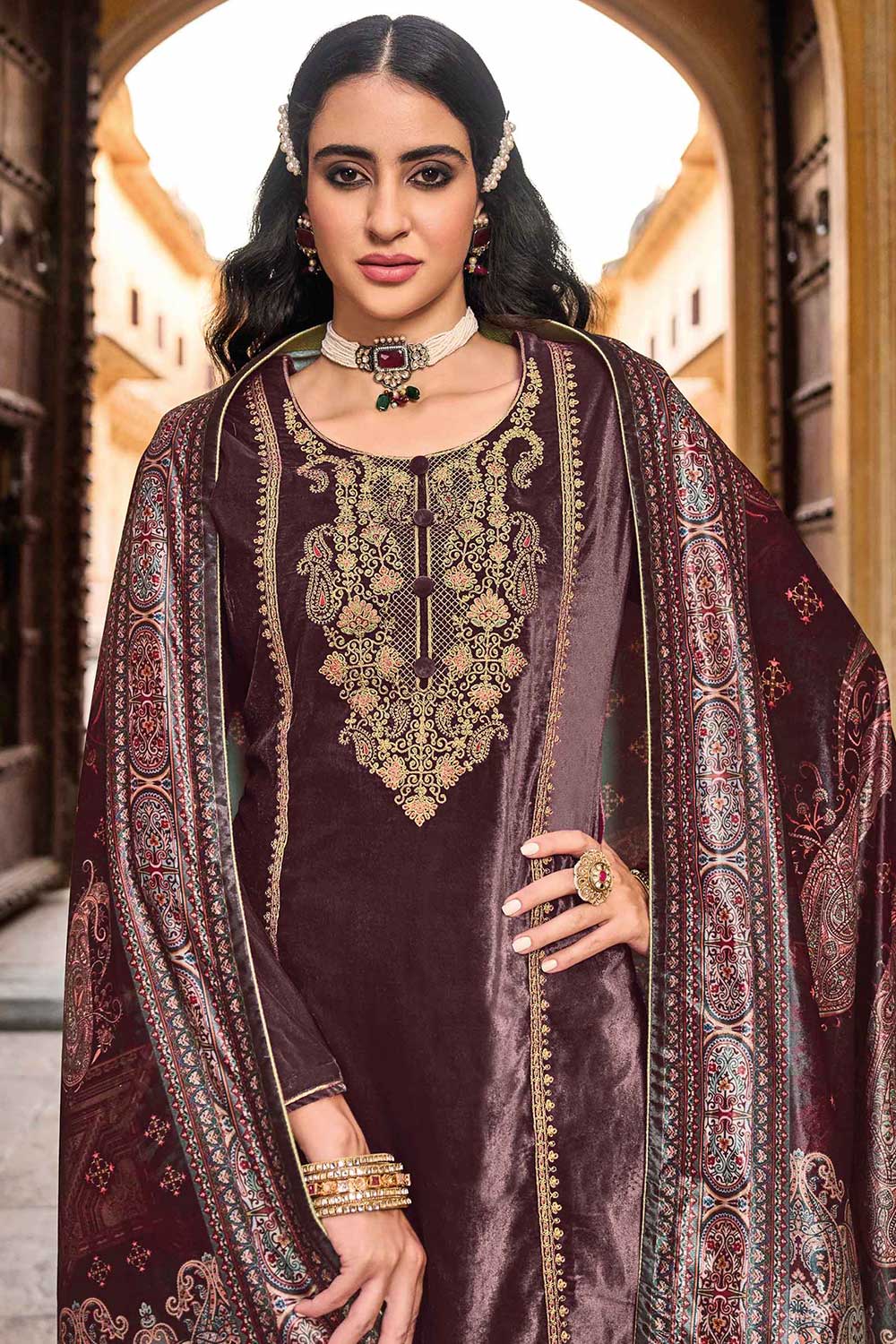 Maroon Velvet Embroidered Palazzo Suit Set