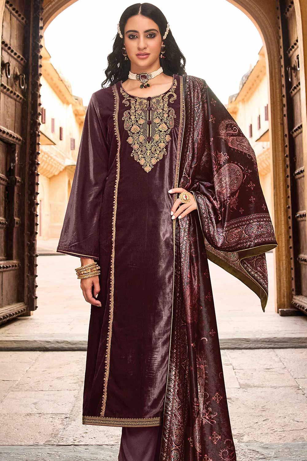 Maroon Velvet Embroidered Palazzo Suit Set