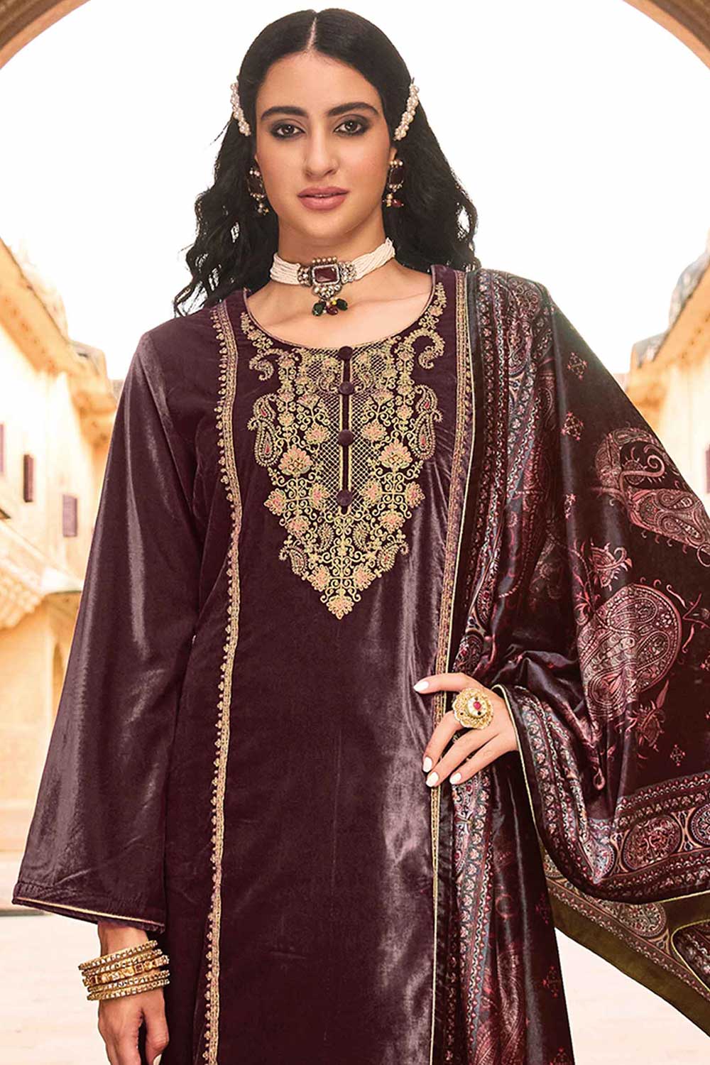 Maroon Velvet Embroidered Palazzo Suit Set