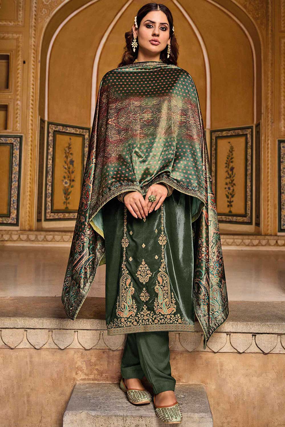 Green Velvet Embroidered Palazzo Suit Set