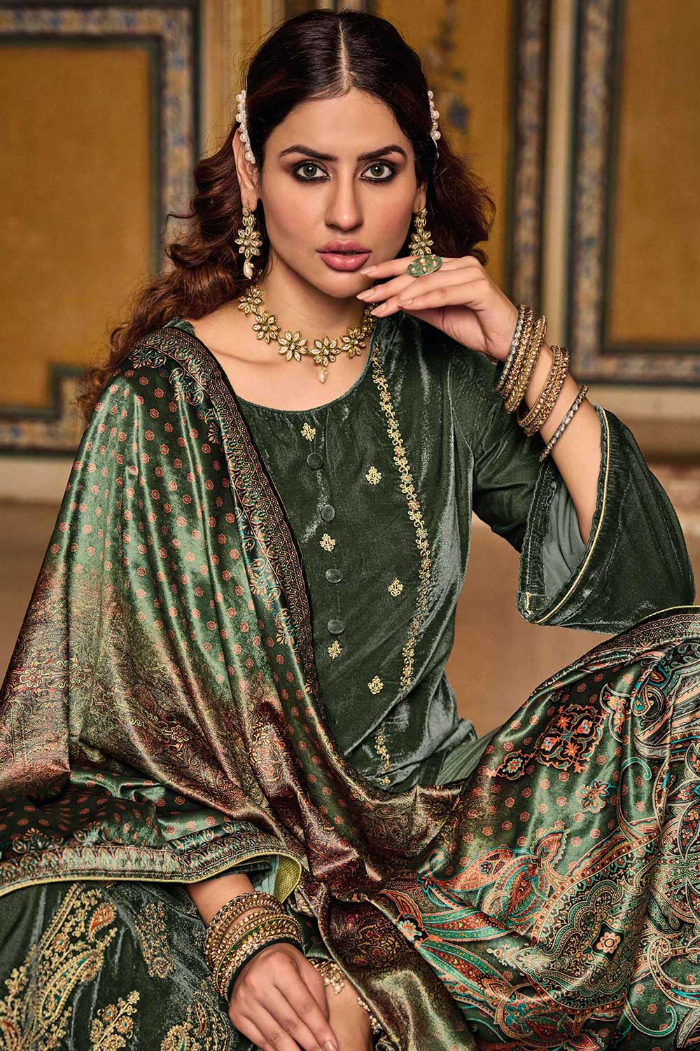 Green Velvet Embroidered Palazzo Suit Set