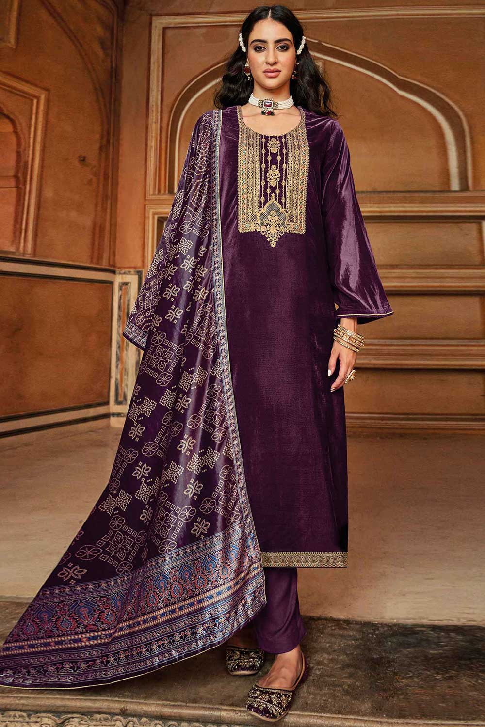 Purple Velvet Embroidered Palazzo Suit Set