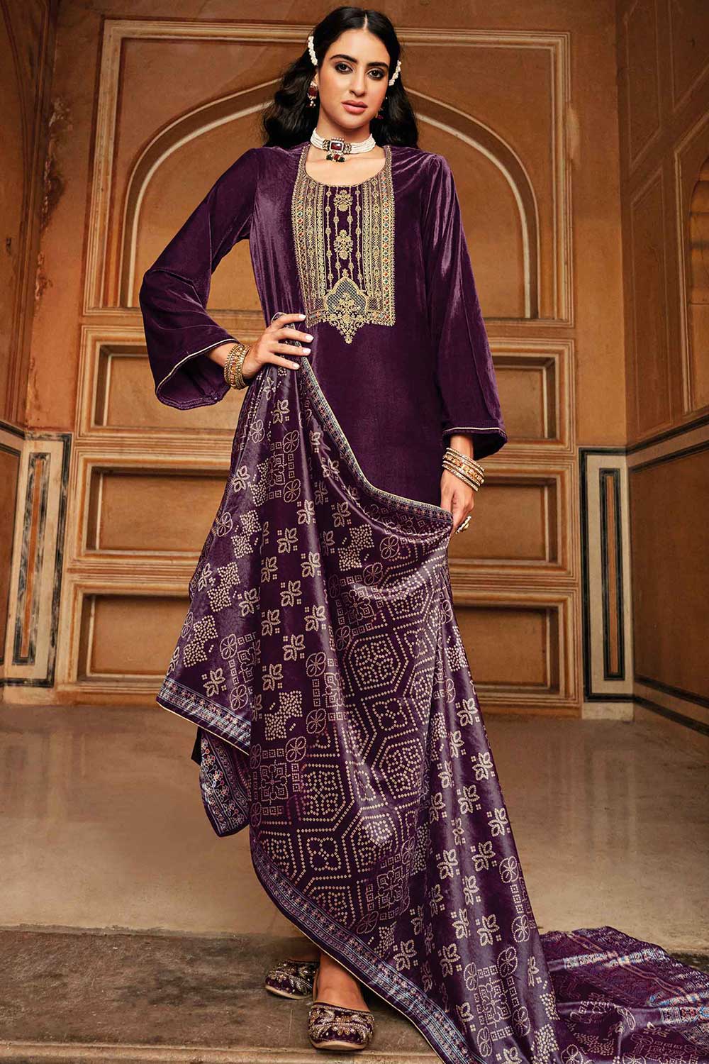 Purple Velvet Embroidered Palazzo Suit Set