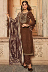 Brown Velvet Embroidered Palazzo Suit Set