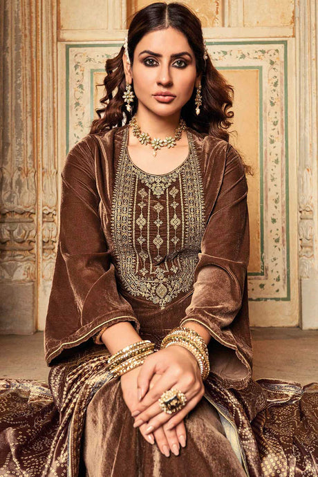 Brown Velvet Embroidered Palazzo Suit Set