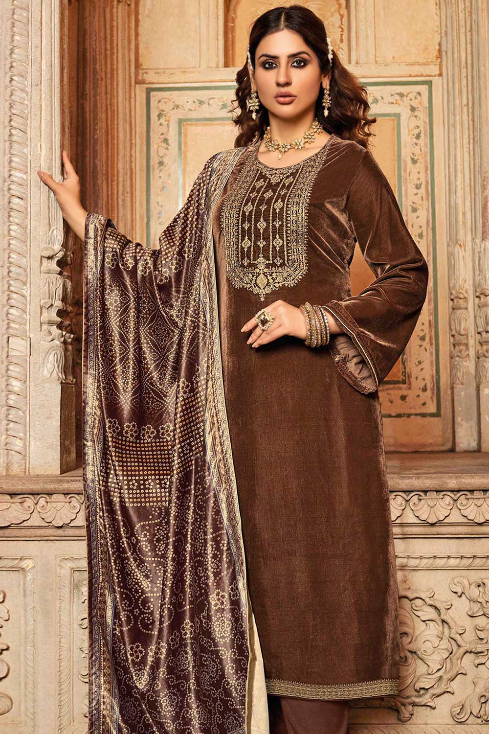 Brown Velvet Embroidered Palazzo Suit Set