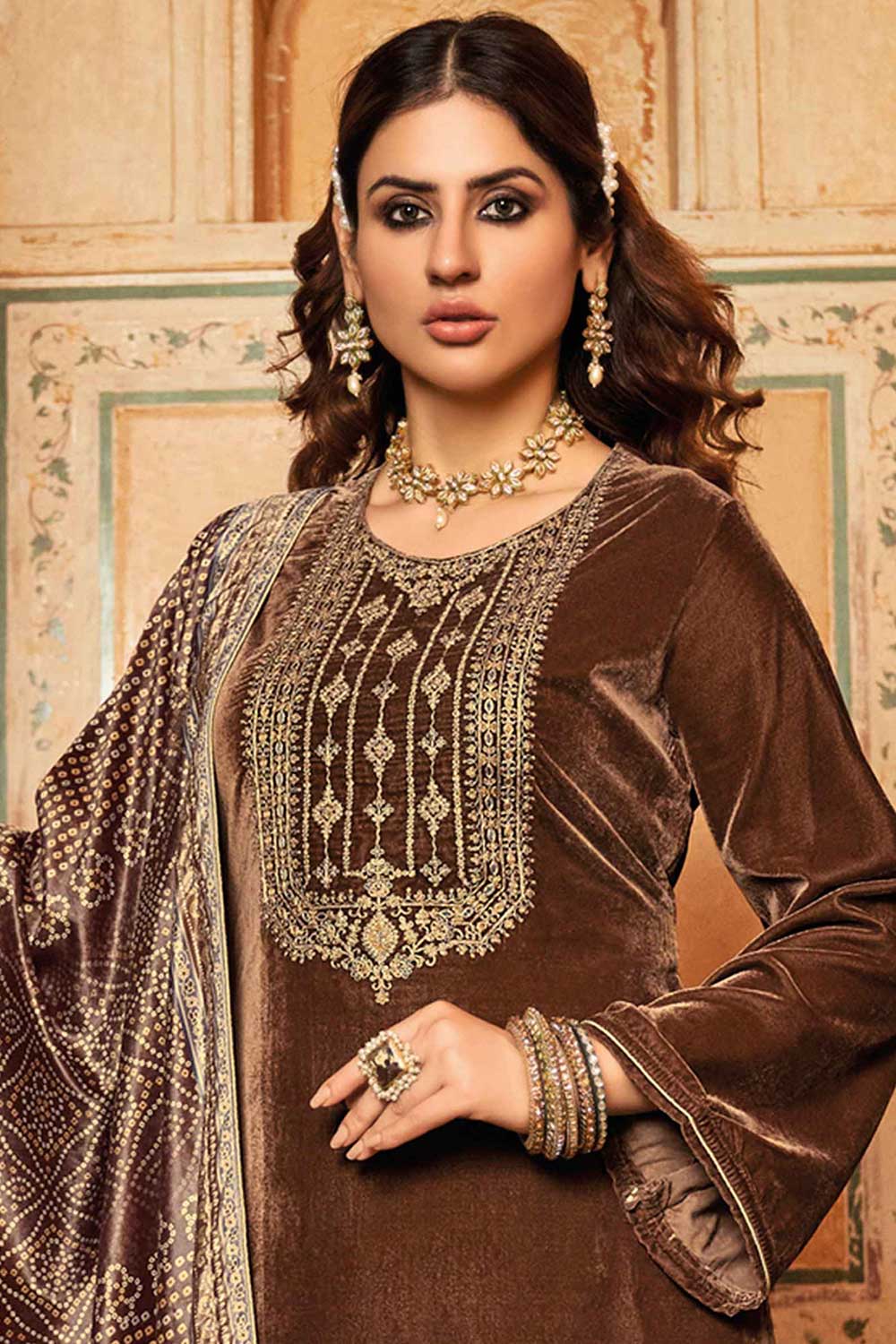 Brown Velvet Embroidered Palazzo Suit Set