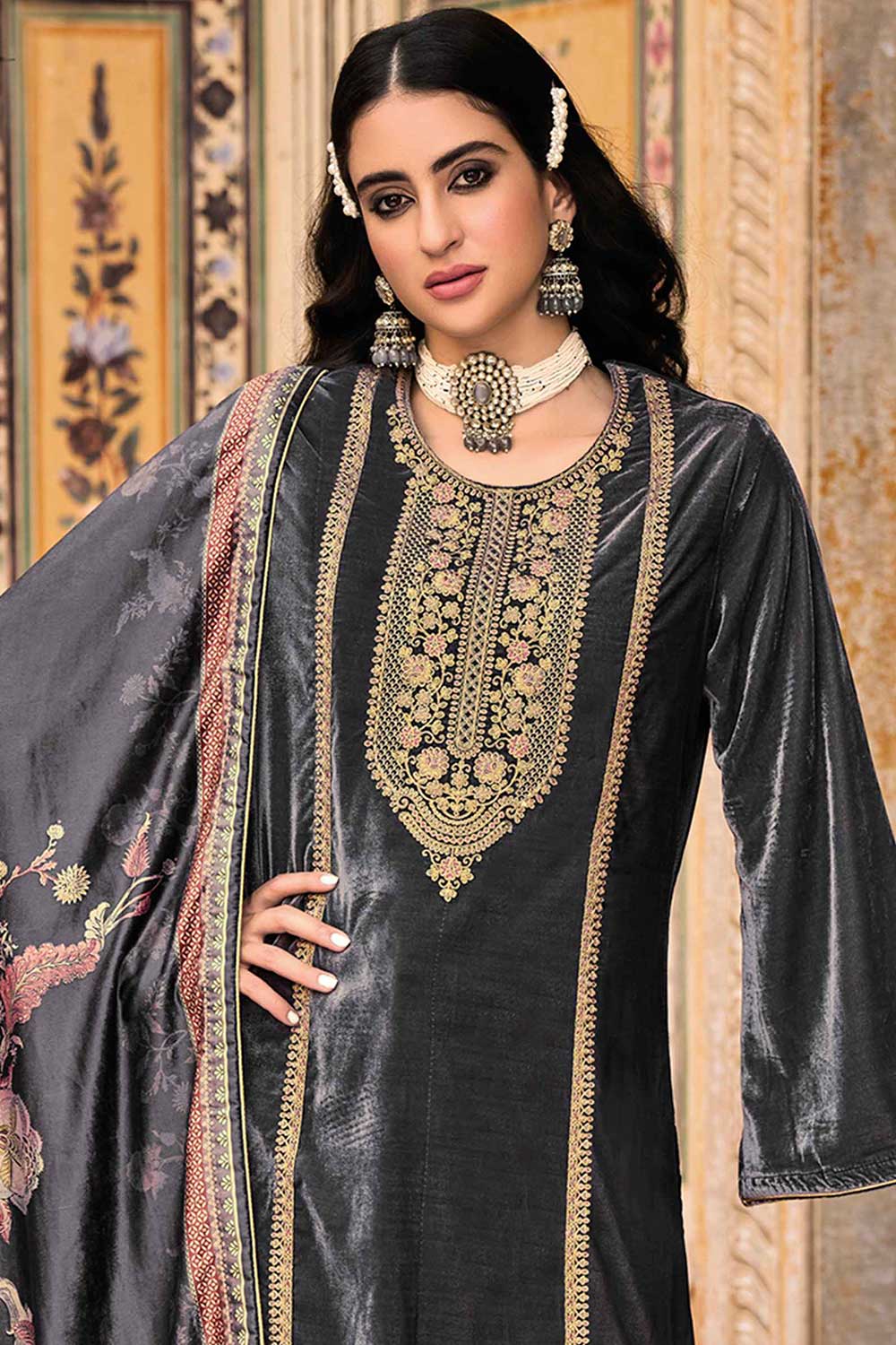 Grey Velvet Embroidered Palazzo Suit Set