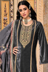 Grey Velvet Embroidered Palazzo Suit Set