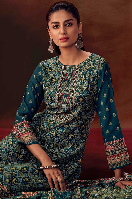 Teal Pashmina Digital Printed Palazzo Suit Set