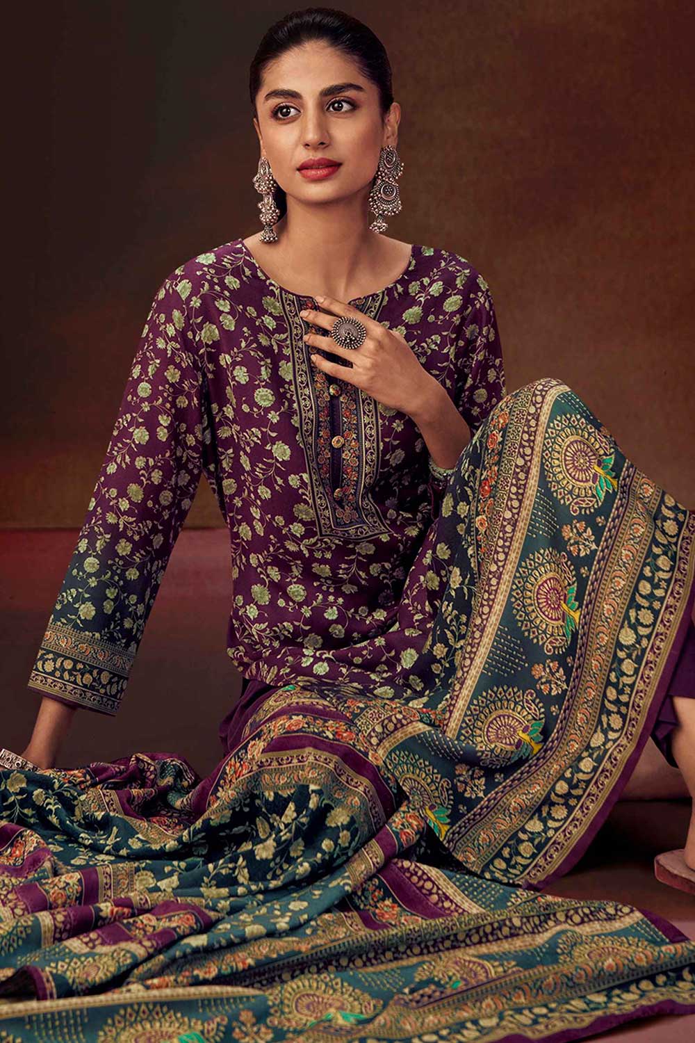 Wine Pashmina Digital Printed Palazzo Suit Set