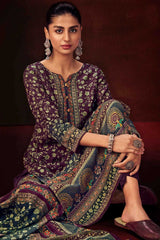 Wine Pashmina Digital Printed Palazzo Suit Set