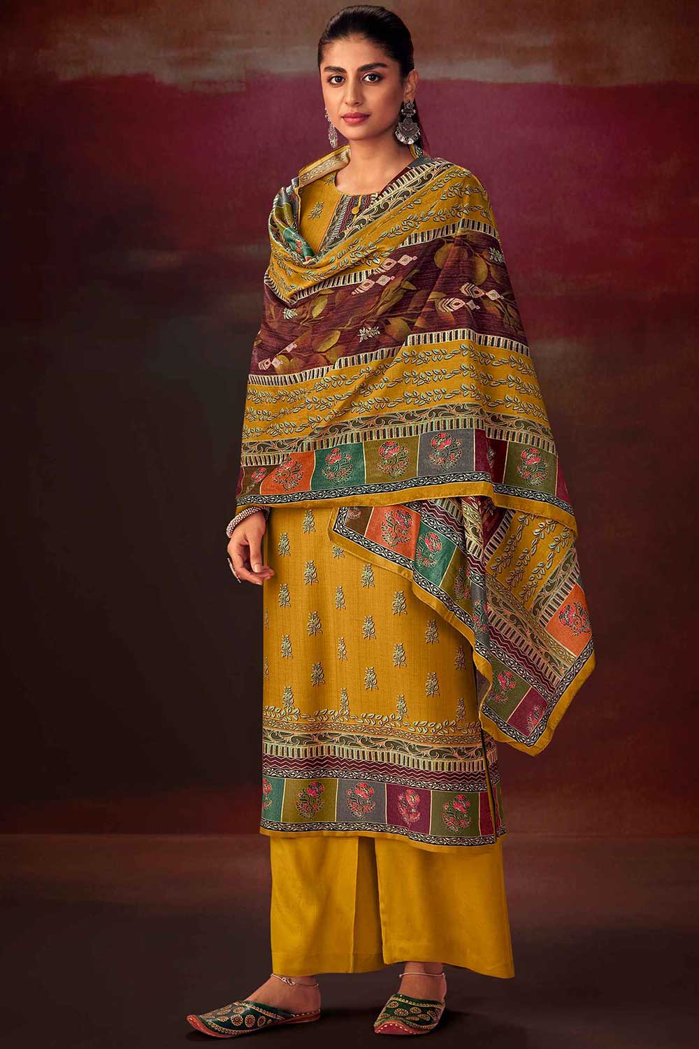 Yellow Pashmina Digital Printed Palazzo Suit Set